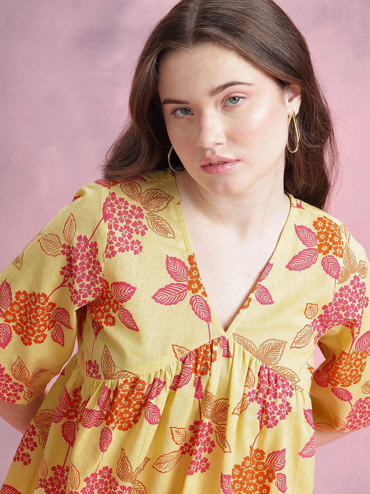 DressBerry Floral Print Cotton Linen Empire Top