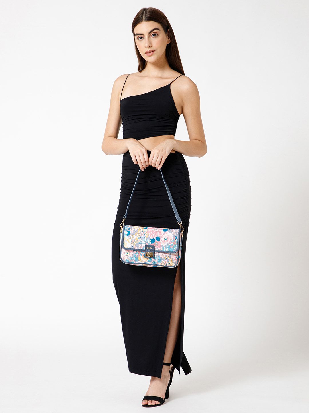 Berrylush Blue & Pink Floral Printed Structured Shoulder Bag
