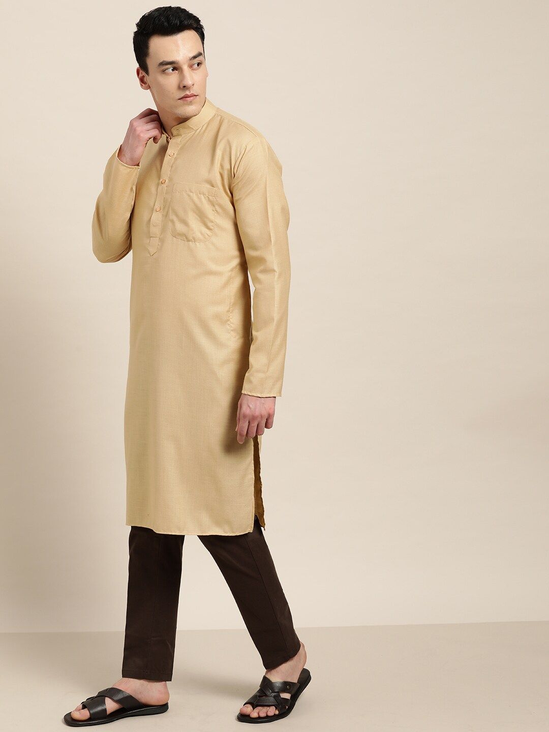 SOJANYA Men Beige Solid Straight Kurta
