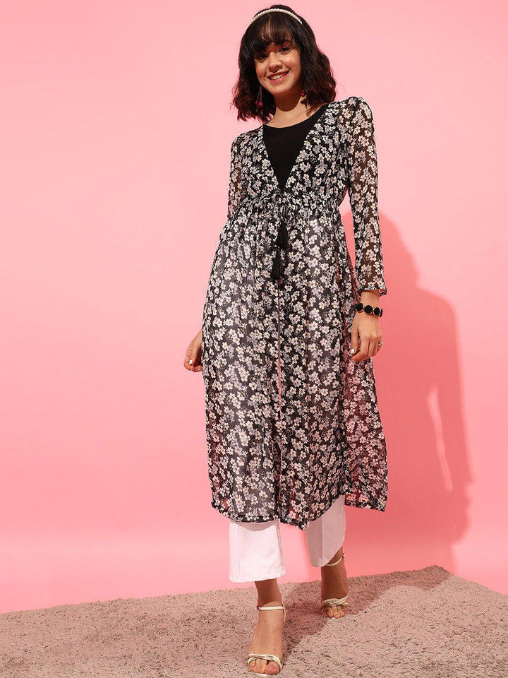STREET 9 Women Printed Longline Tie-Up Shrug