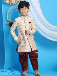 Vastramay Boys Beige & Maroon Printed Slim Fit Sherwani Set