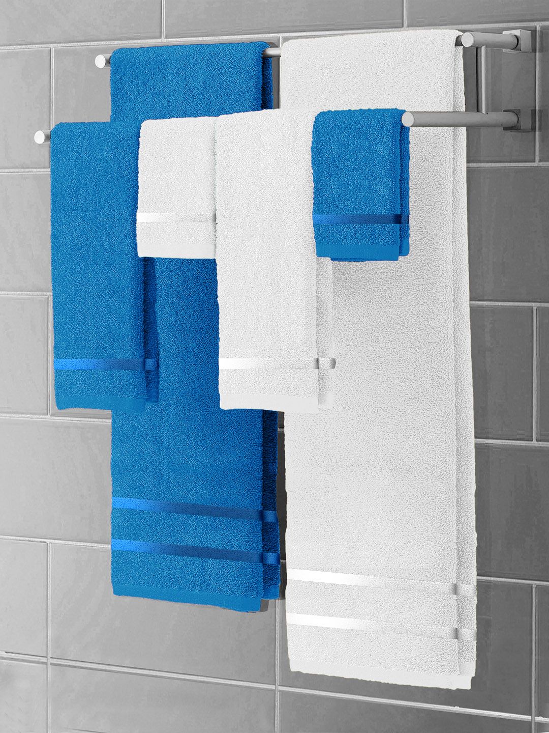 Story@home Set Of 6 Blue & White Solid Pure Cotton 450 GSM Towel Set