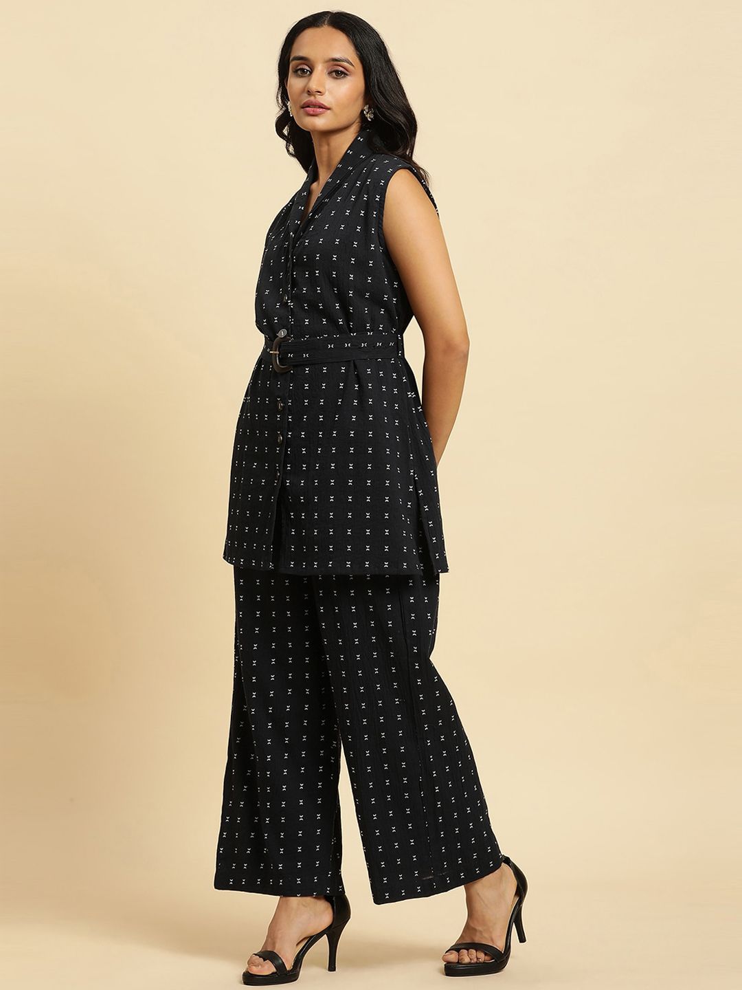 W Navy Blue Geometric Printed Regular Pure Cotton Kurta with Trousers