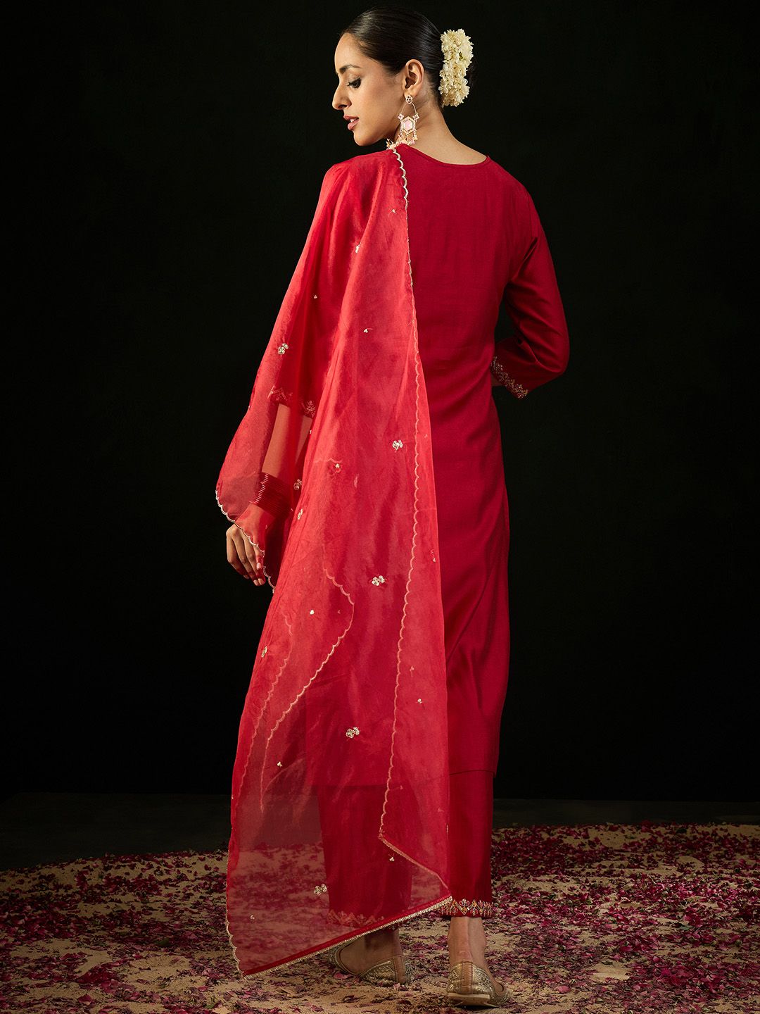 Indo Era Round Neck Ethnic Embroidered Sequinned Kurta with Trouser & Dupatta