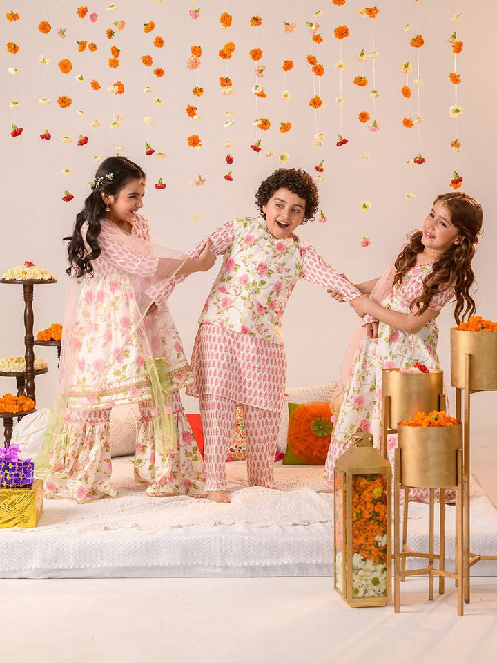 pspeaches Girls Floral Printed Angrakha Pure Cotton A-line Kurta With Sharara & Dupatta