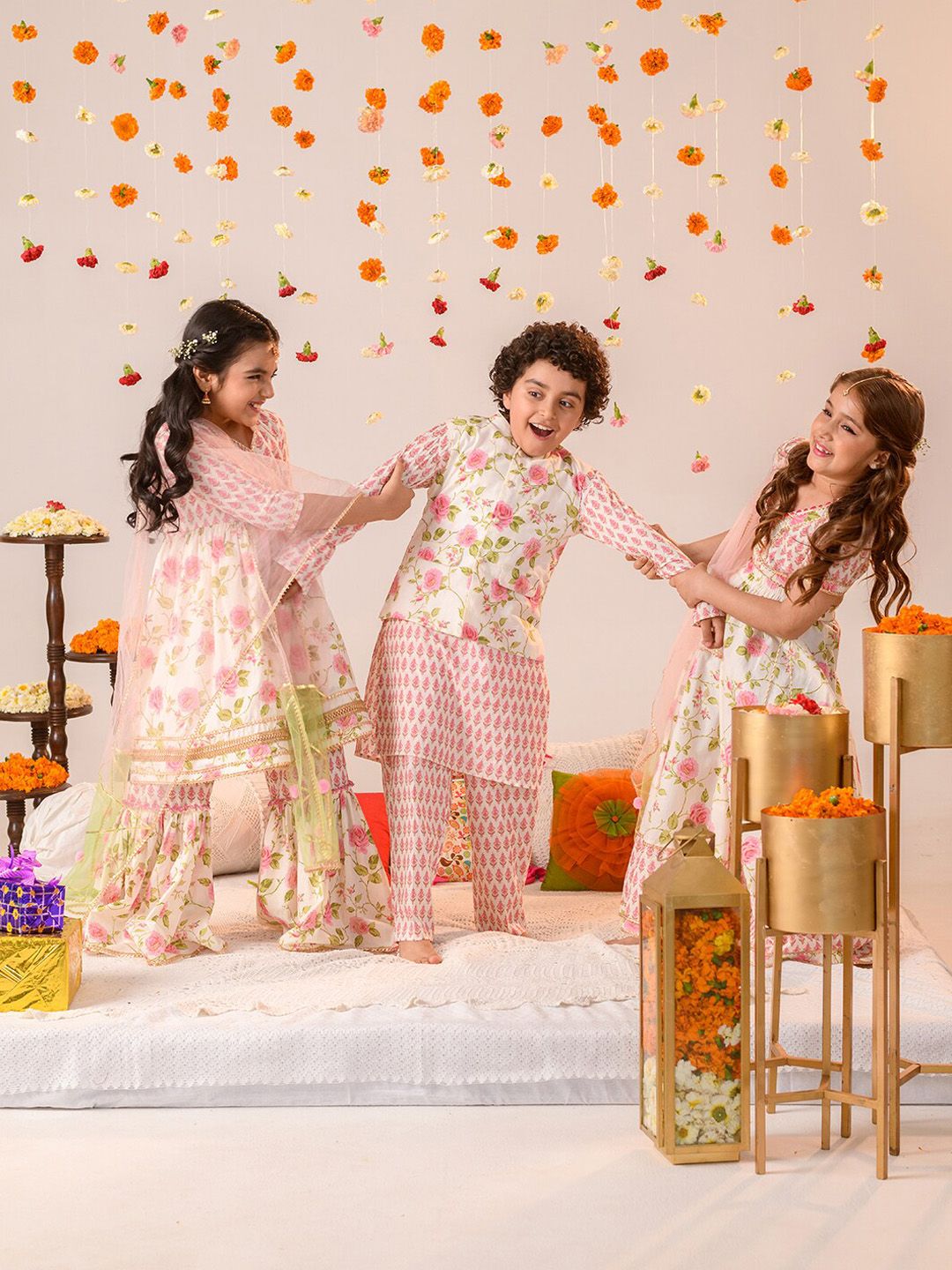 pspeaches Girls Floral Printed Angrakha Pure Cotton A-line Kurta With Sharara & Dupatta