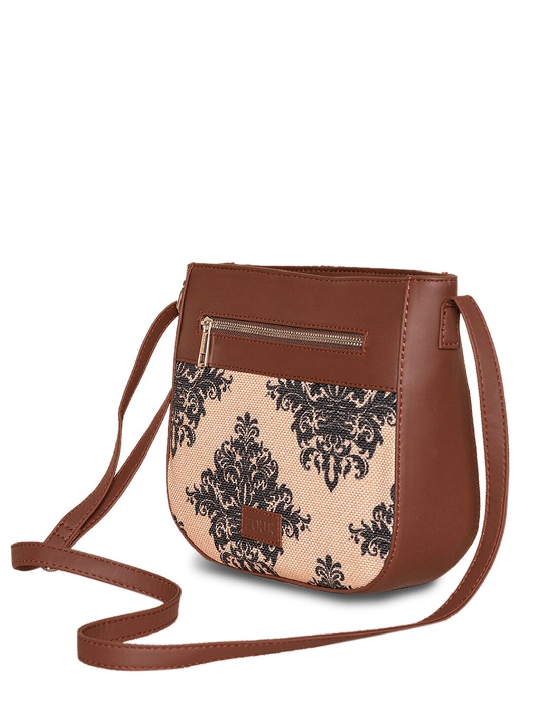 ZOUK Peach-Coloured Floral Printed Structured Sling Bag