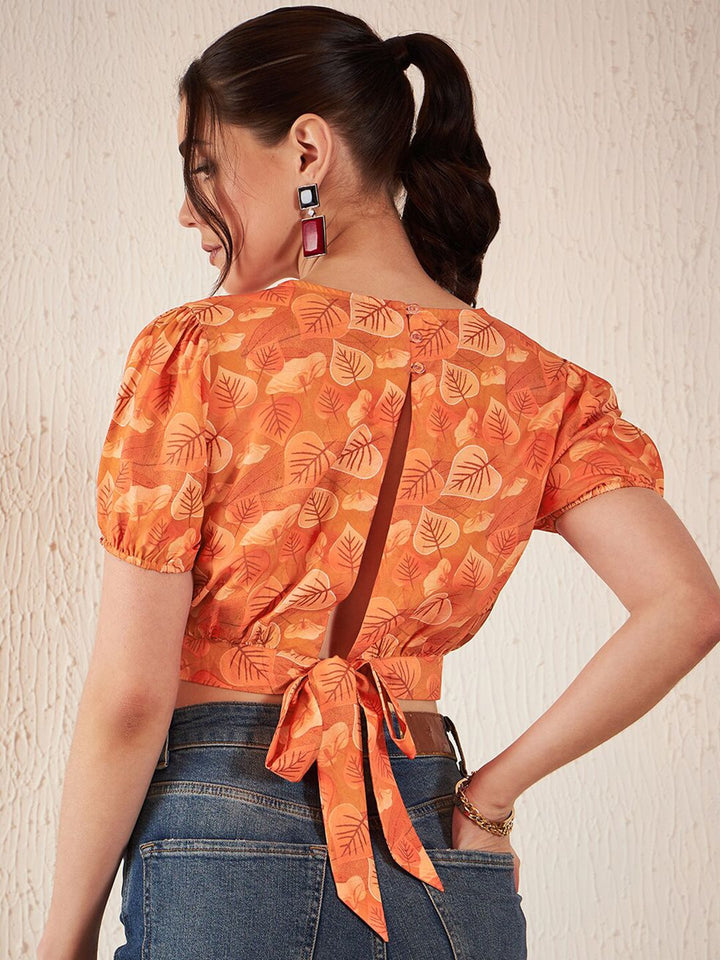 DENNISON Floral Printed Puff Sleeves Blouson Crop Top