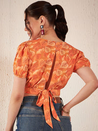 DENNISON Floral Printed Puff Sleeves Blouson Crop Top