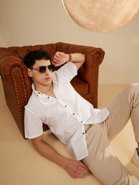DENNISON Men White Smart Slim Fit Solid Cotton Linen Casual Shirt