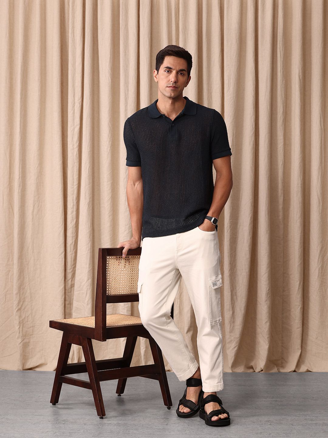 Mr Bowerbird Men Cropped Tapered Fit Light Fade Cargo Style Stretchable Jeans