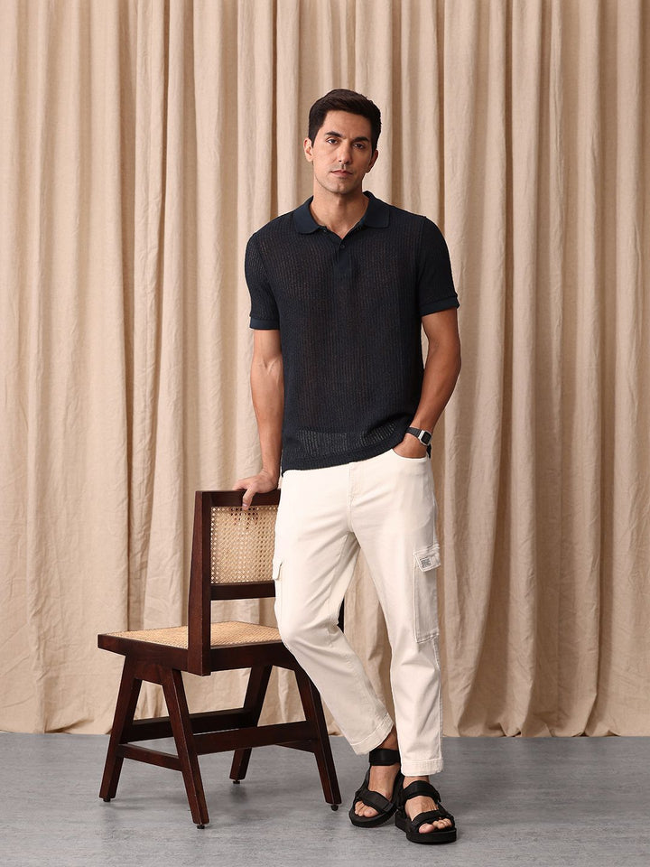 Mr Bowerbird Men Cropped Tapered Fit Light Fade Cargo Style Stretchable Jeans