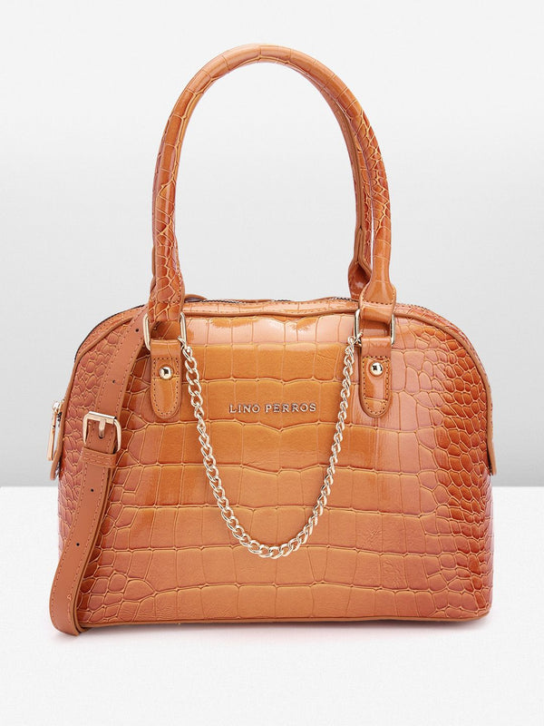 Lino Perros Women Croc Textured Structured Shoulder Bag with Chain Detail