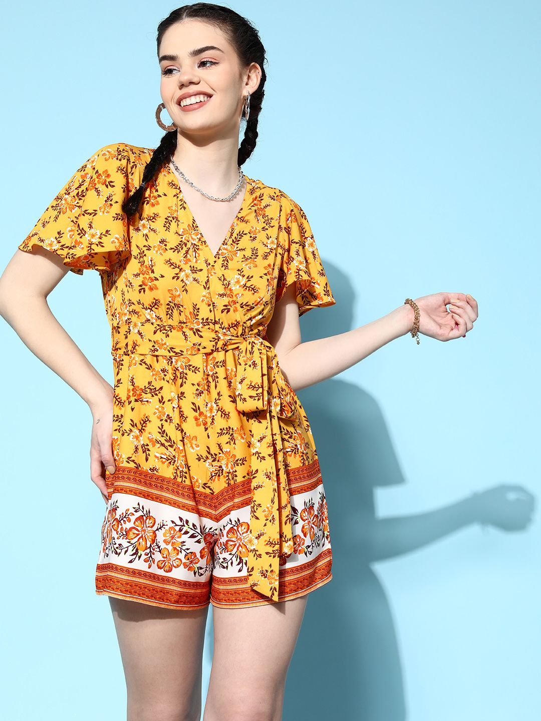 Berrylush Women  Yellow Printed Belted Detail Jumpsuit