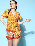 Berrylush Women  Yellow Printed Belted Detail Jumpsuit