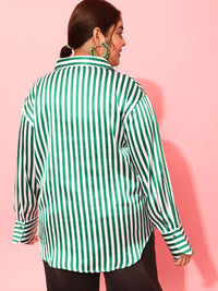 CURVY STREET Plus Size Green & White Vertical Striped Spread Collar Comfort Satin Shirt