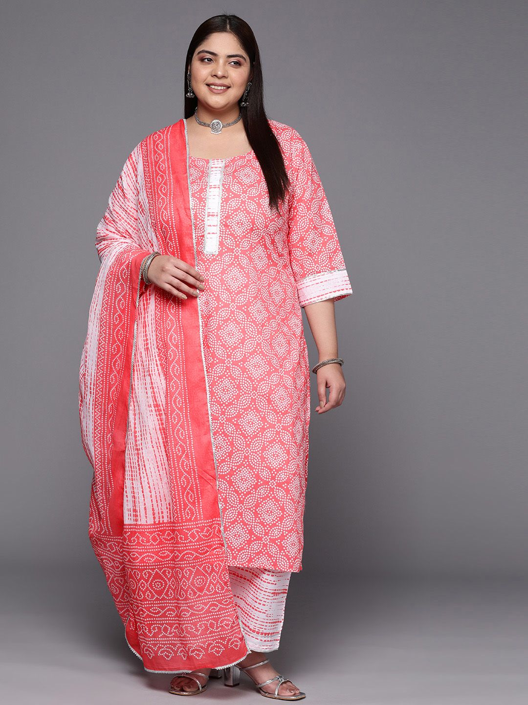 EXTRA LOVE BY LIBAS Plus Size Bandhani Printed Gotta Patti Pure Cotton Kurta Set