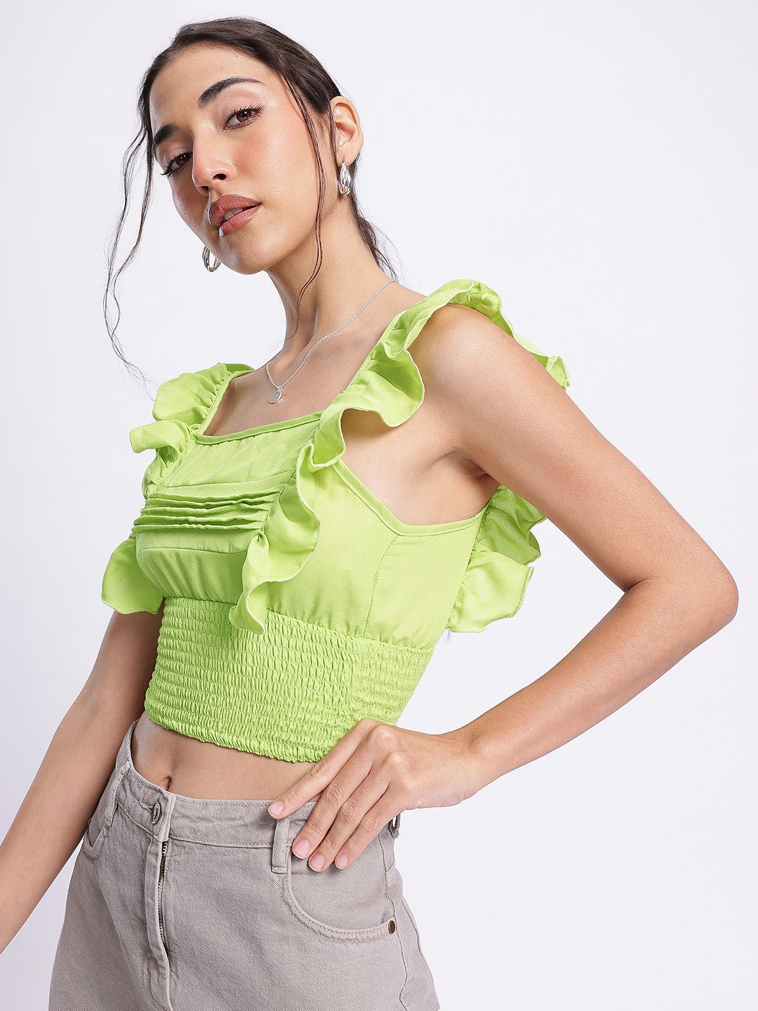 DressBerry Smocking Chic Ruffled Pleated Crop Top