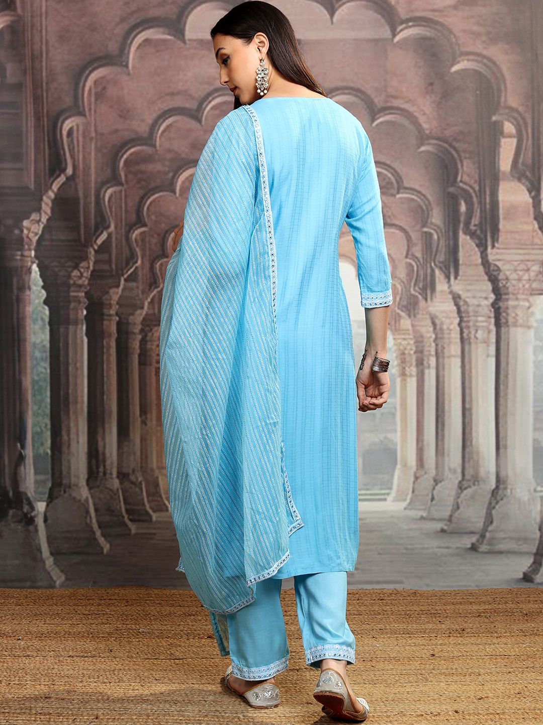 Vishudh Blue Ethnic Motifs Embroidered Thread Work Kurta with Trousers & Dupatta