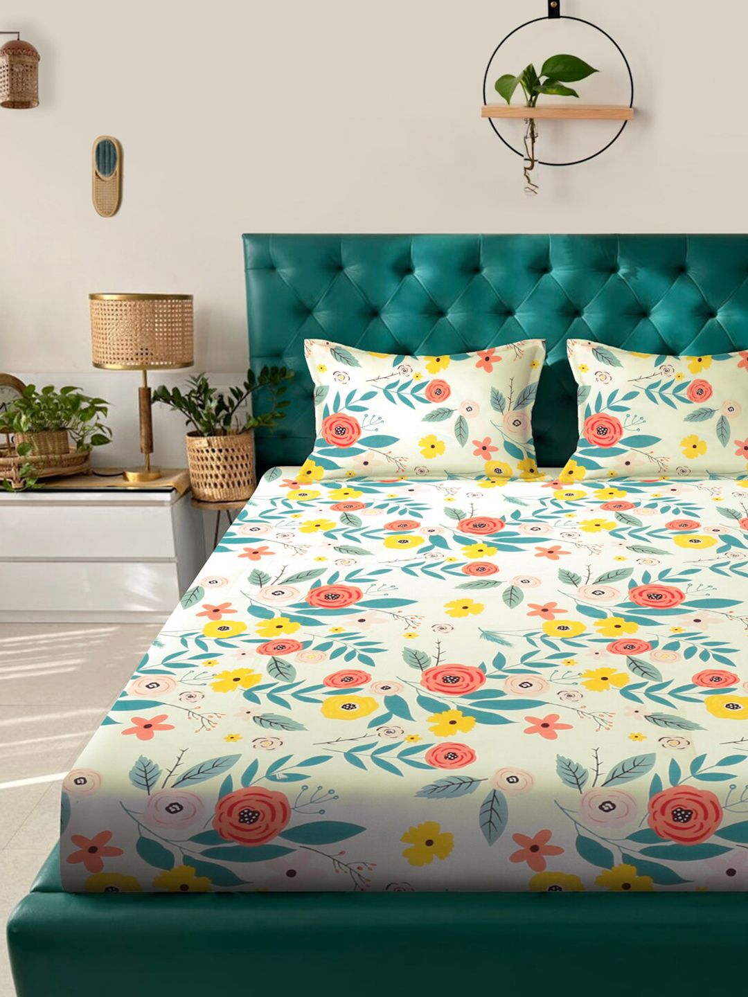 KLOTTHE White & Grey Floral Print 300 TC Fitted Double King Bedsheet With 2 Pillow Covers