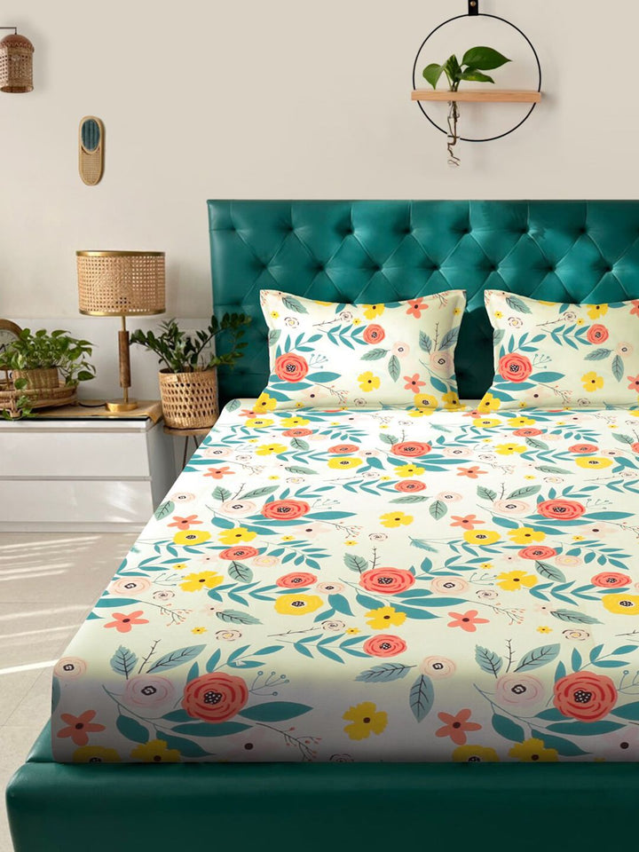 KLOTTHE White & Grey Floral Print 300 TC Fitted Double King Bedsheet With 2 Pillow Covers
