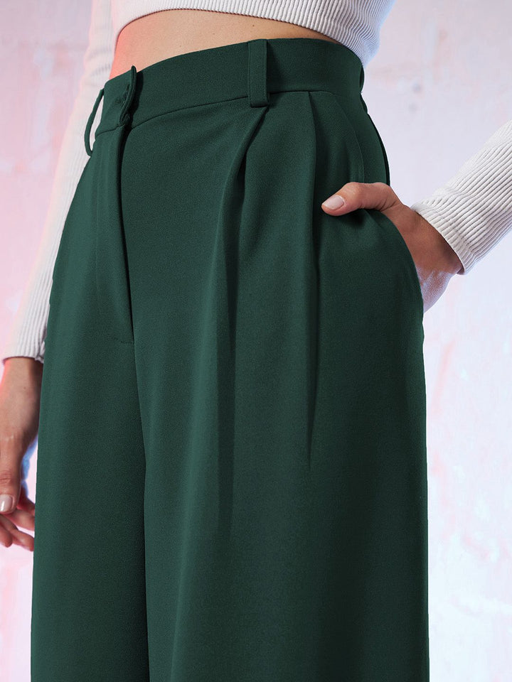 SASSAFRAS Women Green Loose Fit High-Rise Pleated Parallel Trousers