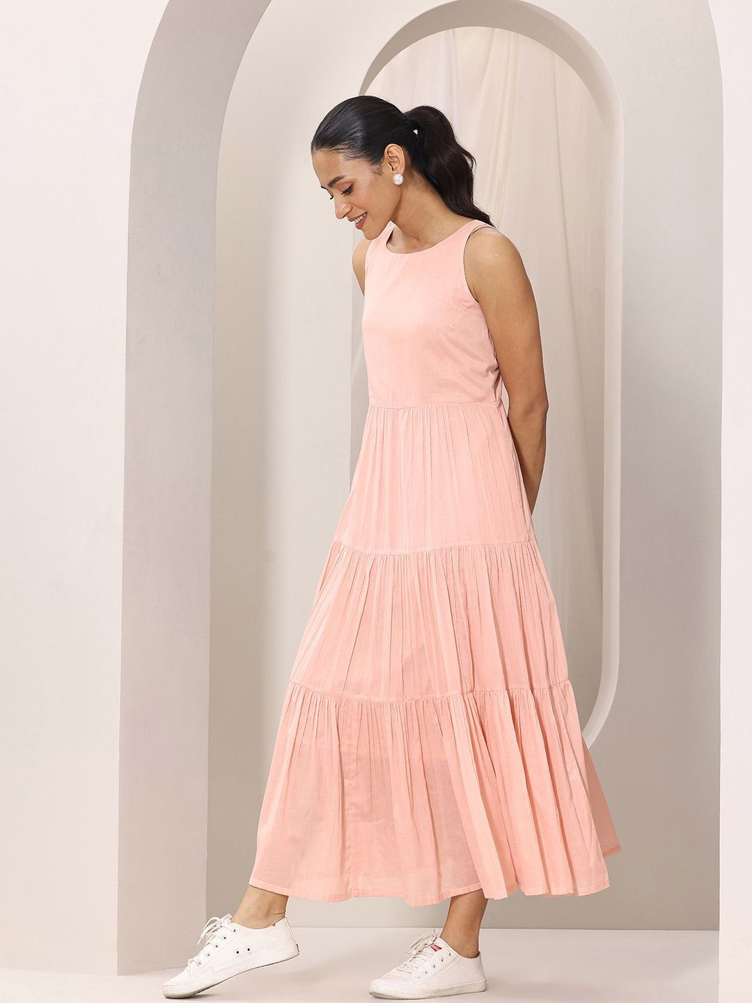 Libas Women Peach Boat Neck Fit & Flare Tiered Midi Dress