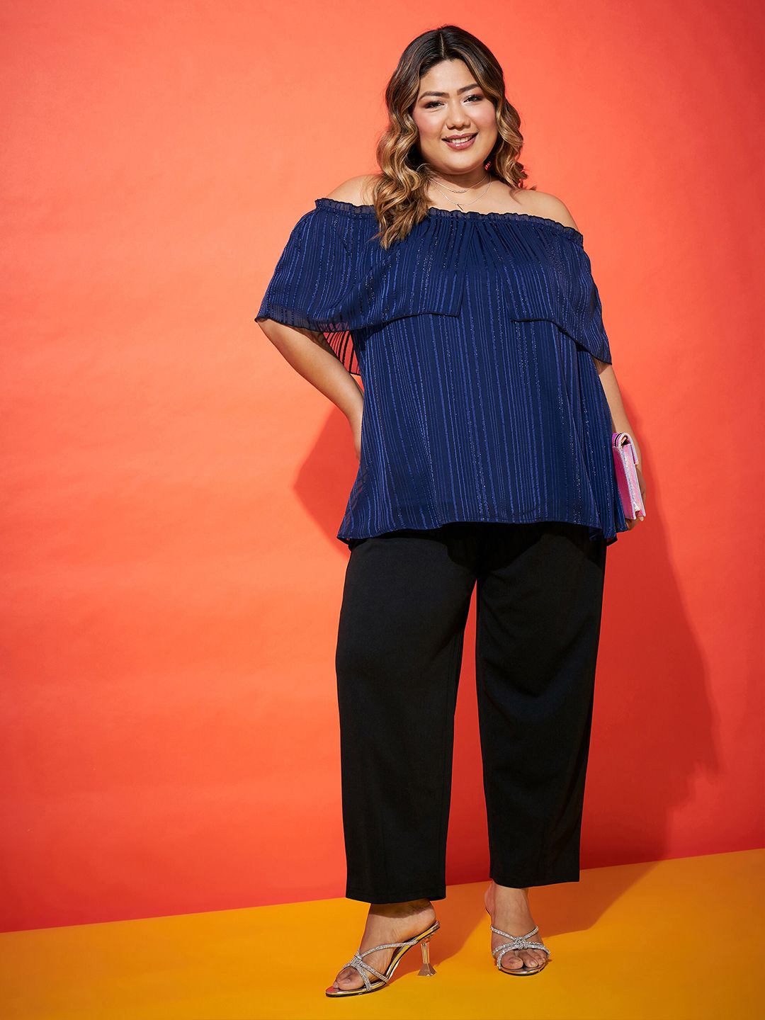 SASSAFRAS Curve Navy Blue Plus Size Vertical Stripes Off-Shoulder Cape Sleeves Bardot Top