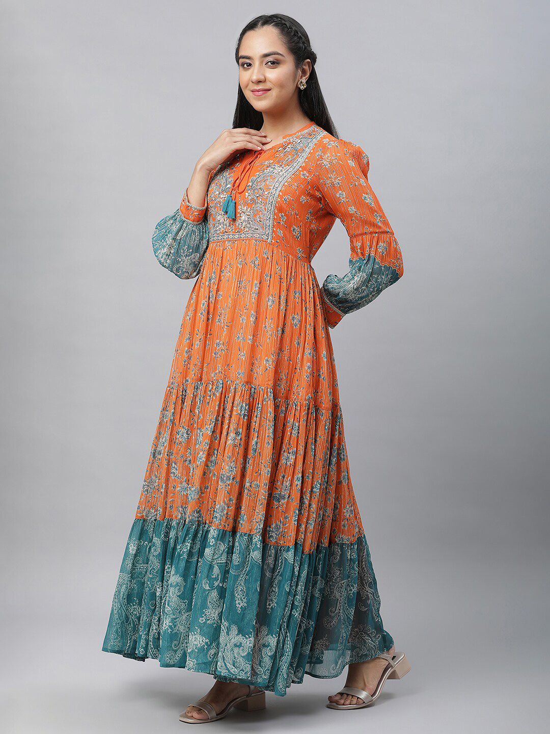 AURELIA Floral Printed Tie-Up Neck Cuffed Sleeves Tiered Detail Georgette Maxi Dress