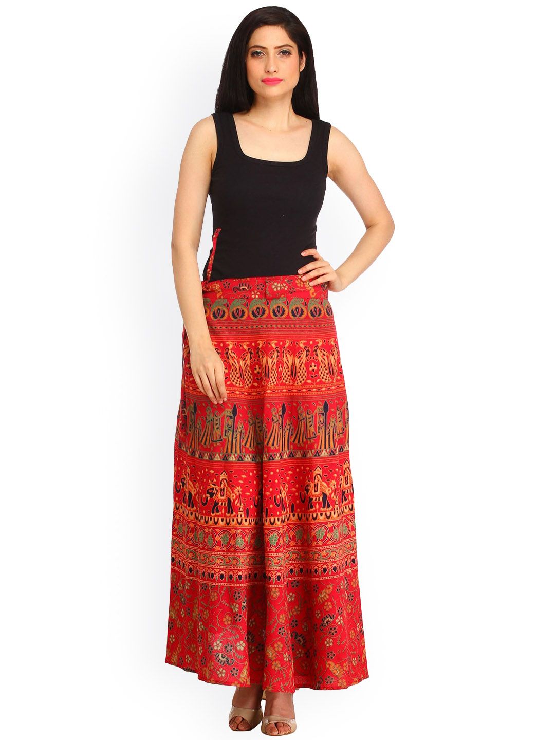 Exotic India Tomato Puree Wrap-around Long Skirt with Printed Wedding Scenes
