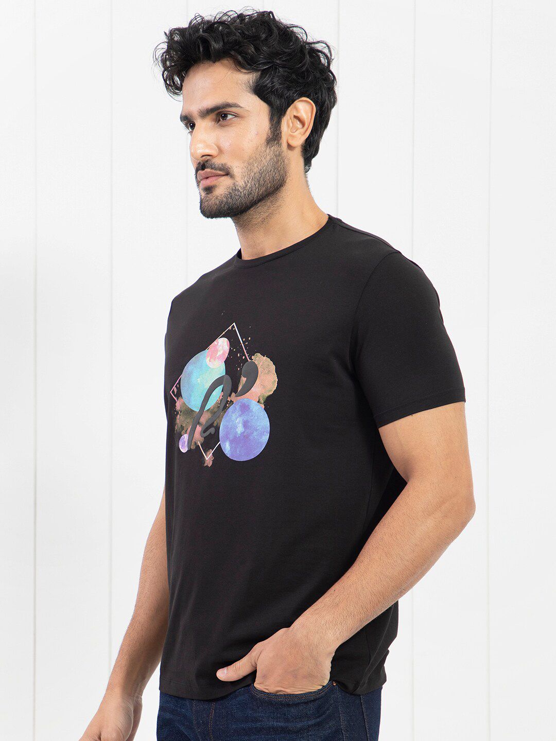 RARE RABBIT Men Moreno Graphic Printed Slim Fit Cotton T-Shirt
