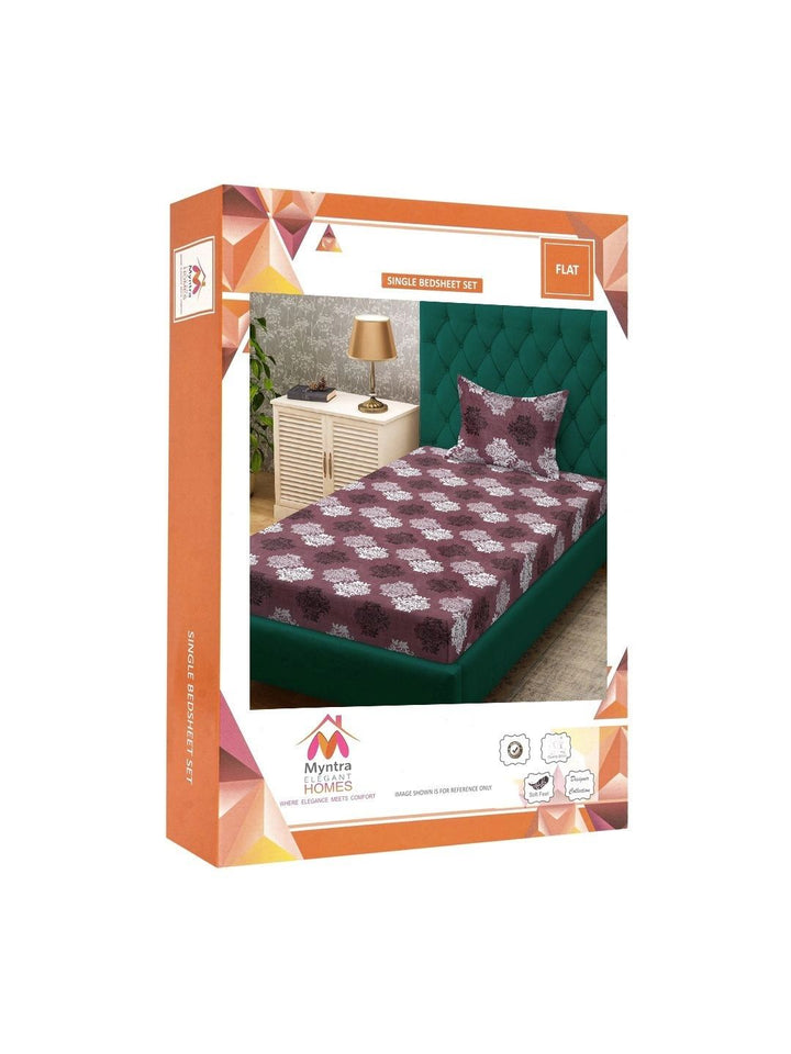 Myntra Elegant Homes Maroon Floral Cotton 400 TC Single Bedsheet with 1 Pillow Cover