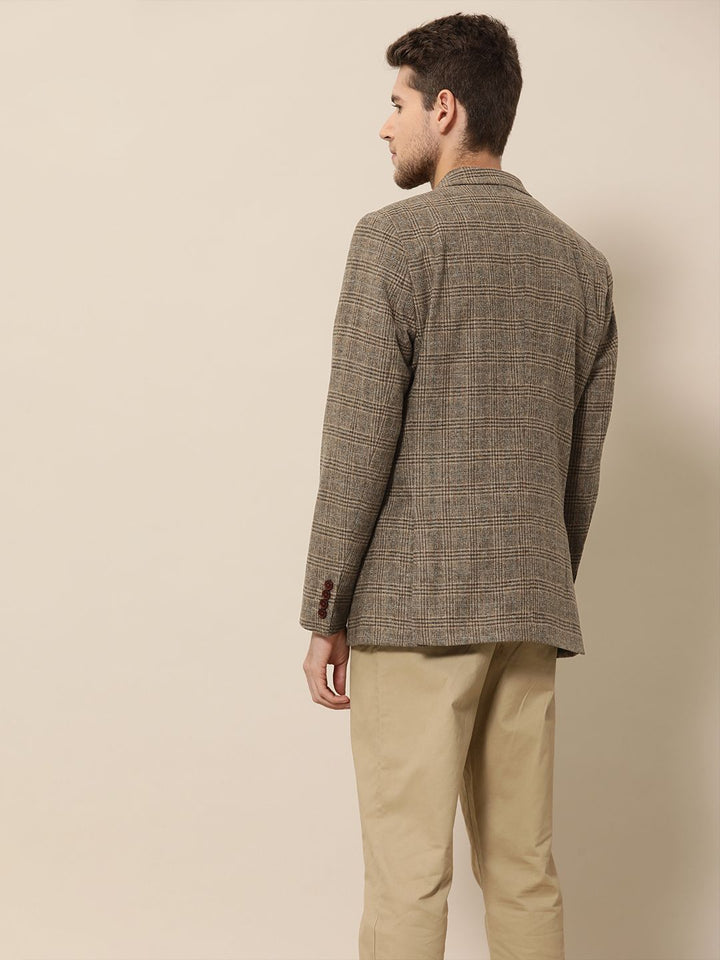 Mr. Bowerbird Men Brown Tailored-Fit Tartan Checked Single Breasted Casual Blazer