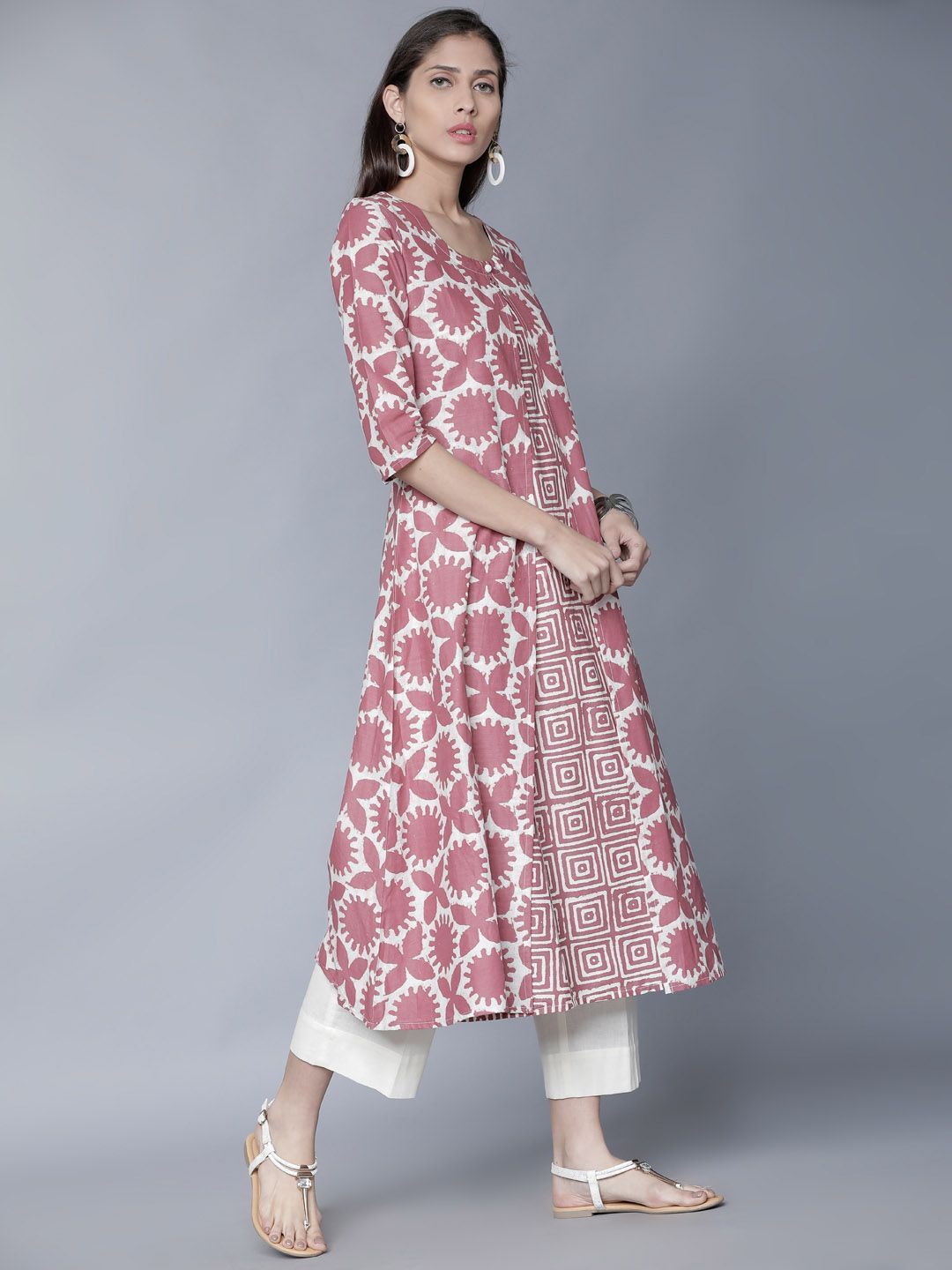 Vishudh Women Pink & Cream-Coloured Printed A-Line Kurta
