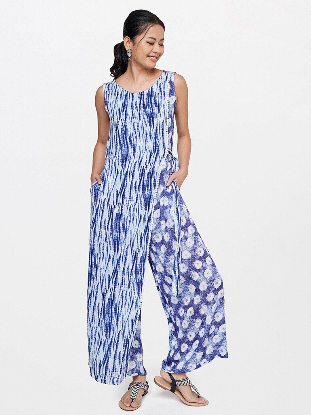 Global Desi Blue & Off White Printed Basic Jumpsuit