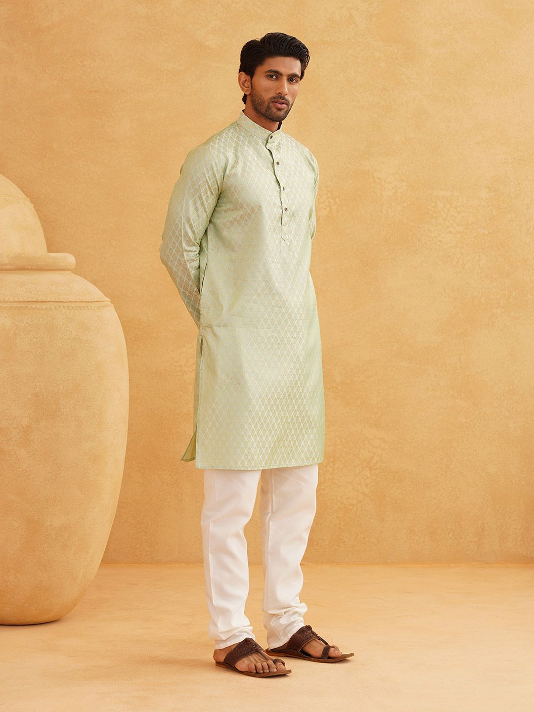 SOJANYA Floral Woven Design Mandarin Collar Kurta with Churidar