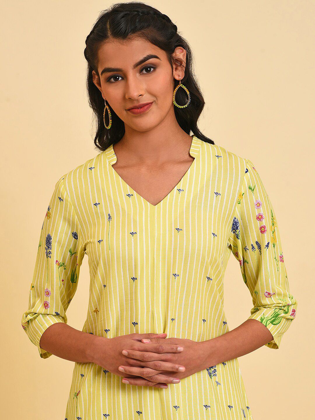 W Floral Printed Band Collar Kurta with Trousers