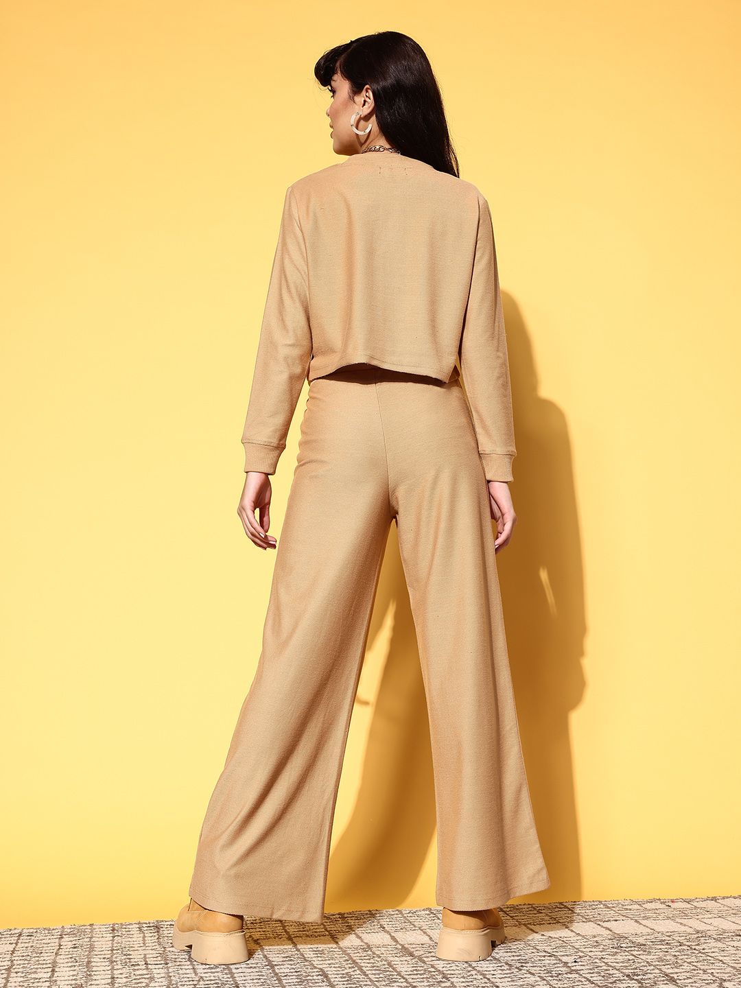 SASSAFRAS Women Classy Beige Self-Design Sweatshirt with Printed Trousers