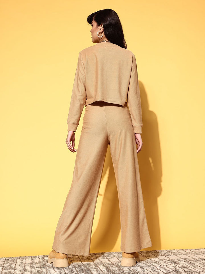 SASSAFRAS Women Classy Beige Self-Design Sweatshirt with Printed Trousers