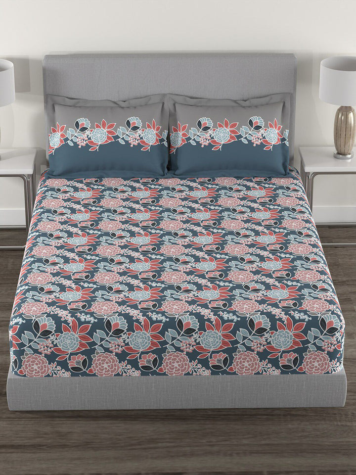MYTRIDENT Blue  Green Floral Pure Cotton 144 TC Queen Bedsheet With 2 Pillow Covers