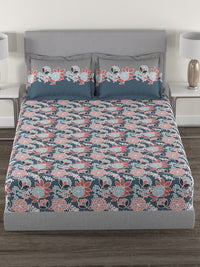MYTRIDENT Blue  Green Floral Pure Cotton 144 TC Queen Bedsheet With 2 Pillow Covers