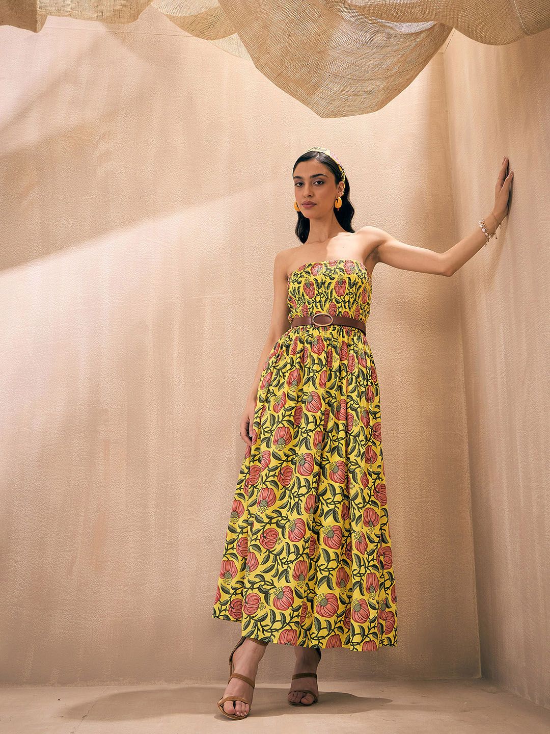 Pink Paprika by SASSAFRAS Yellow Floral Printed Smocked Fit & Flare Maxi Dress
