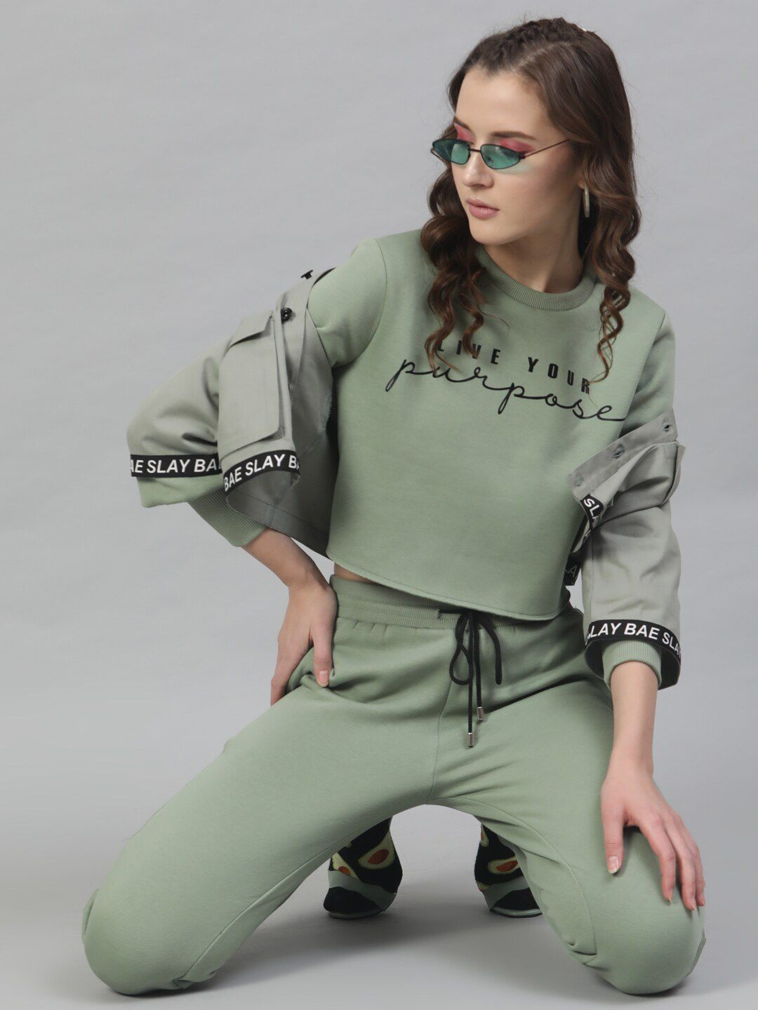 STREET 9 Women Green Printed Crop Sweatshirt