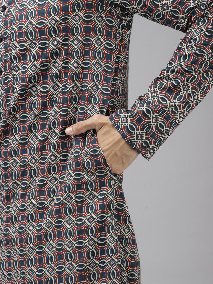See Designs Men Navy Blue Printed Pure Cotton Kurta with Trousers