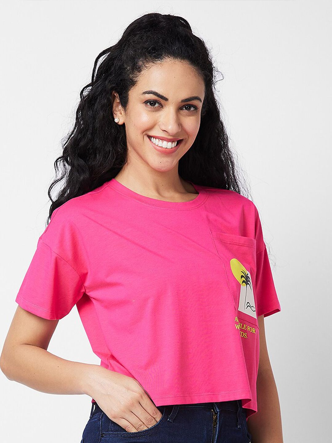 SPYKAR Graphic Printed Round Neck Cotton Pocket Boxy T-shirt