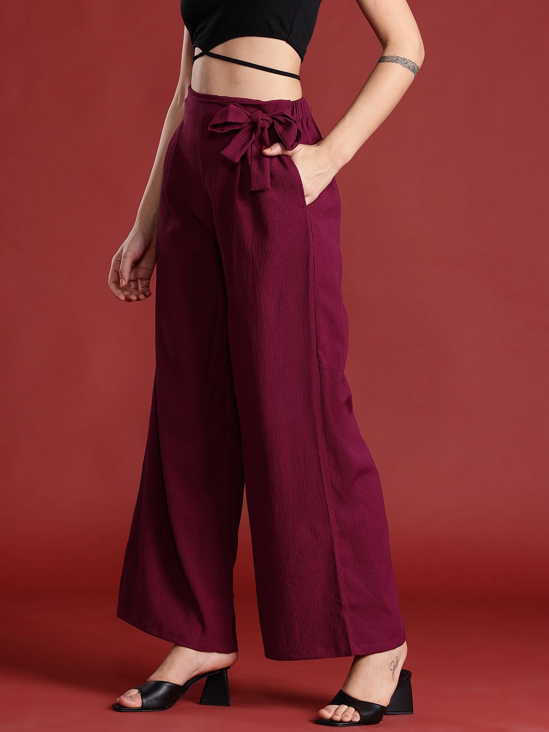 all about you Women Textured Pleated Tie-Up Detail Trousers
