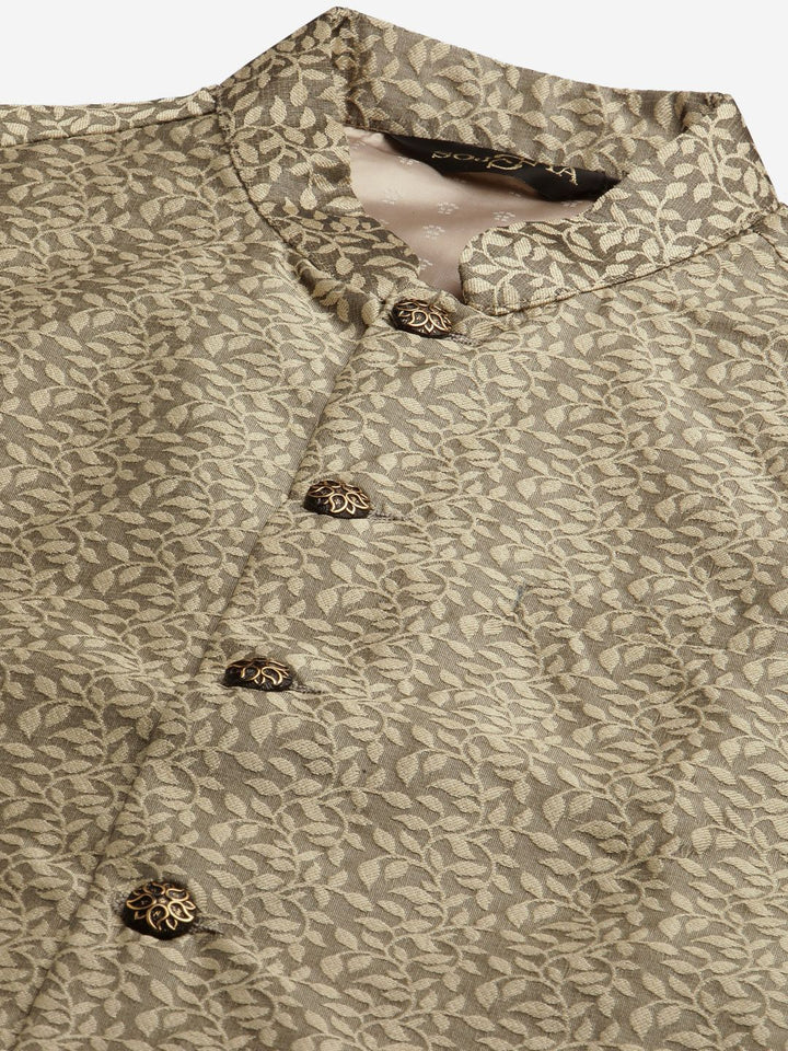 SOJANYA Men Red & Beige Ethnic Motifs Woven Design Kurta with Churidar & Nehru Jacket