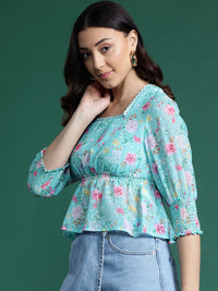 DressBerry Floral Print Cinched Waist Top