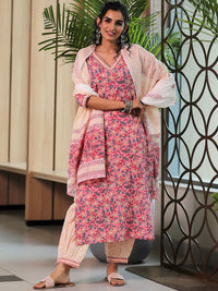 Libas V Neck Floral Printed Pure Cotton Straight Kurta with Patiala & Dupatta