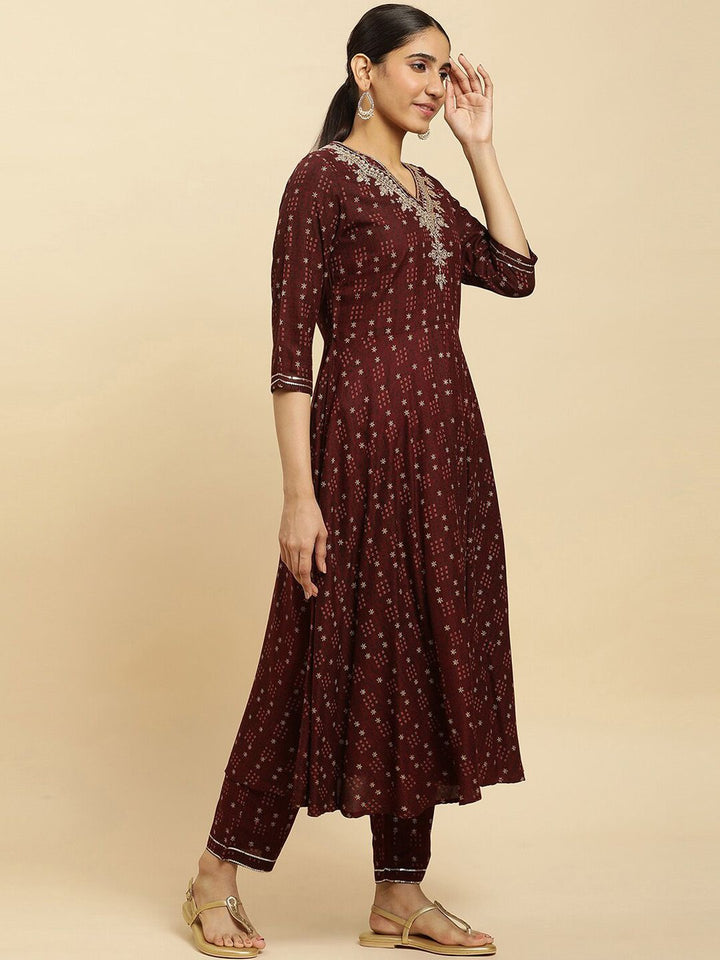 W Brown Ethnic Motifs Printed Thread Work Detailed A-Line Kurta & Trousers With Dupatta